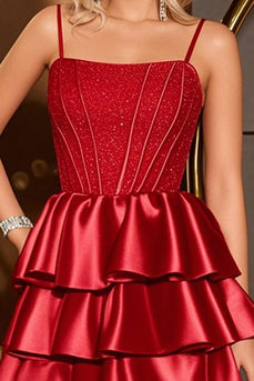 Dark Red Satin A Line Tiered Short Corset Homecoming Dress