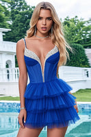 Load image into Gallery viewer, Sparkly Royal Blue Corset A Line Short Tulle Homecoming Dress