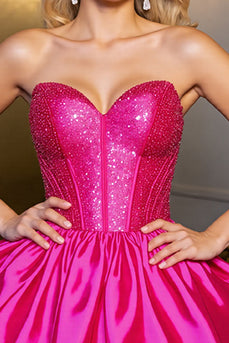 Sparkly Fuchsia Satin Strapless Short Corset Homecoming Dress