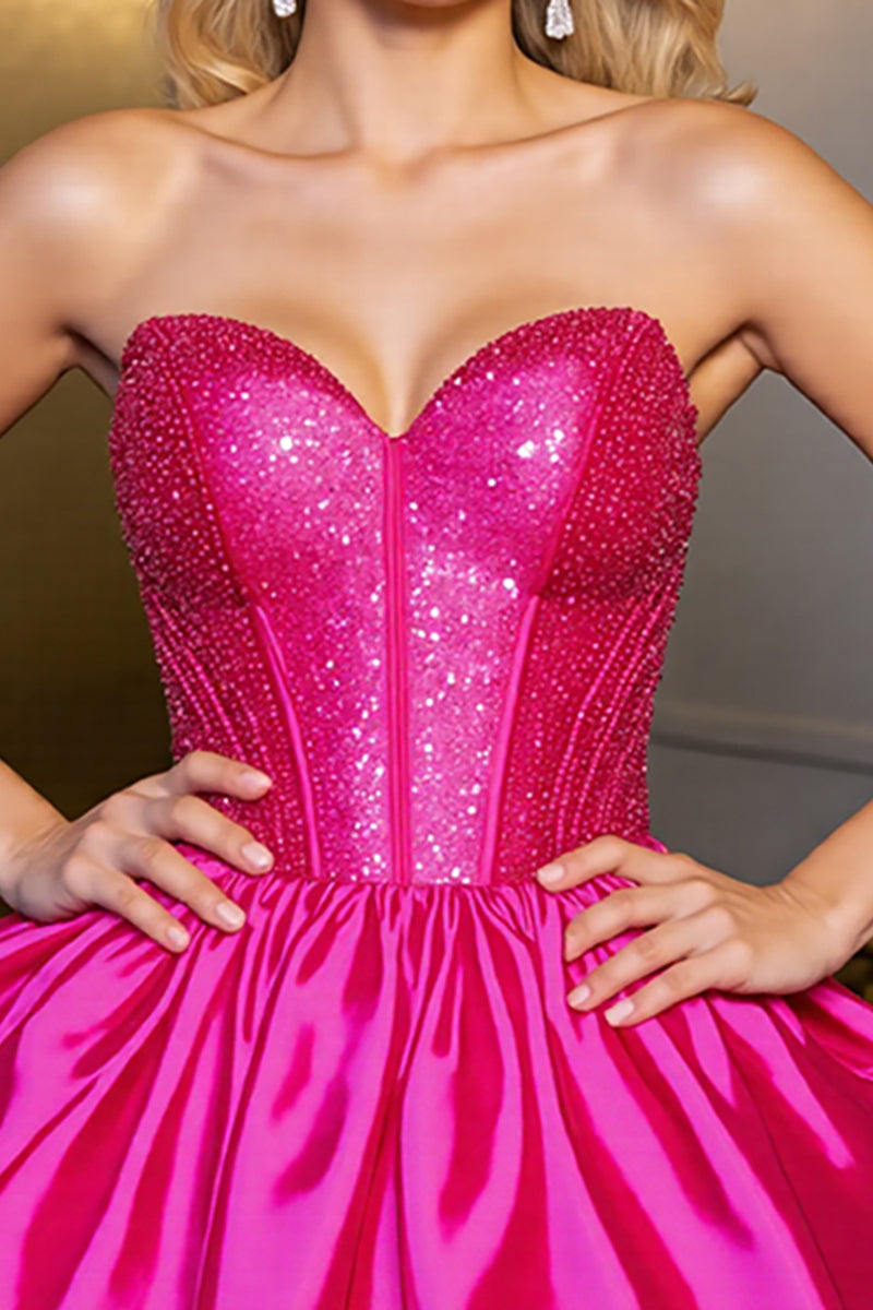 Load image into Gallery viewer, Sparkly Fuchsia Satin Strapless Short Corset Homecoming Dress