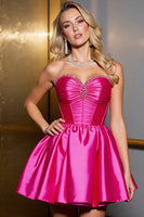 Load image into Gallery viewer, Fuchsia A Line Satin Strapless Short Corset Homecoming Dress