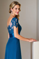 Load image into Gallery viewer, Peacock Blue Satin Midi A Line Mother of the Bride Dress with Lace