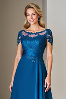 Load image into Gallery viewer, Peacock Blue Satin Midi A Line Mother of the Bride Dress with Lace