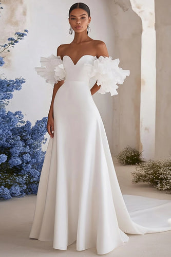 Ivory Sweep Train A Line Satin Wedding Dress with Ruffles