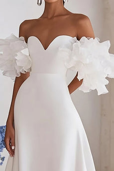 Ivory Sweep Train A Line Satin Wedding Dress with Ruffles