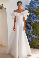 Load image into Gallery viewer, Ivory A Line Satin Off the Shoulder Long Wedding Dress with Ruffles