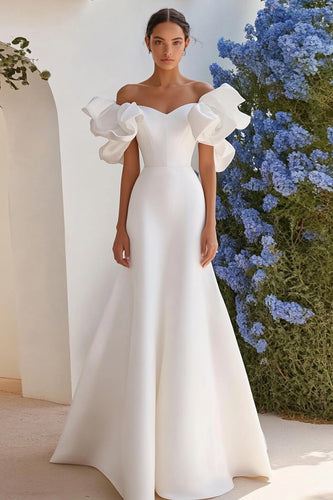 Ivory A Line Satin Off the Shoulder Long Wedding Dress with Ruffles