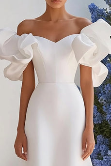Ivory A Line Satin Off the Shoulder Long Wedding Dress with Ruffles