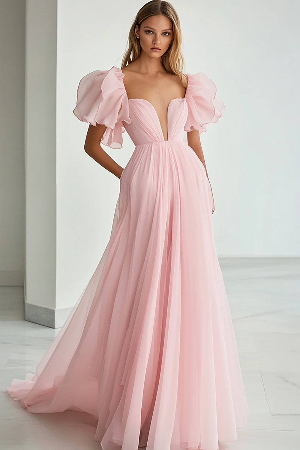 Pink V-Neck A Line Long Formal Dress with Ruffles