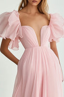 Load image into Gallery viewer, Pink V-Neck A Line Long Formal Dress with Ruffles