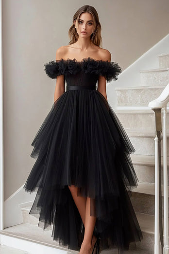 Black Off the Shoulder A Line High-Low Formal Dress