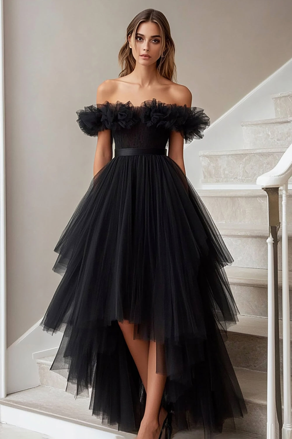 Black Off the Shoulder A Line High-Low Formal Dress