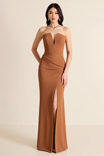 Brown Sheath V Neck Long Formal Dress with Slit
