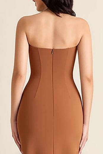 Brown Sheath V Neck Long Formal Dress with Slit