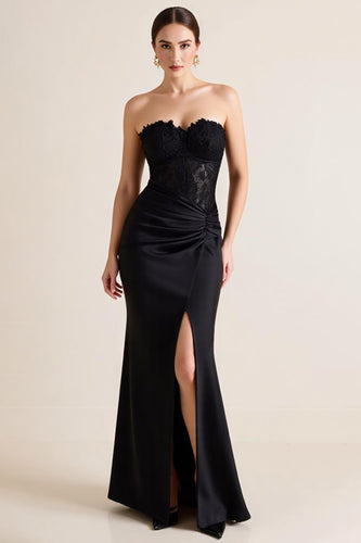 Black Strapless Appliqued Sheath Long Formal Dress with Slit
