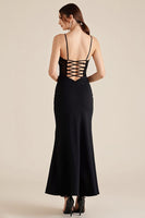 Load image into Gallery viewer, Black Spaghetti Straps Ruched Sheath Formal Dress with Slit