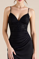 Load image into Gallery viewer, Black Spaghetti Straps Ruched Sheath Formal Dress with Slit