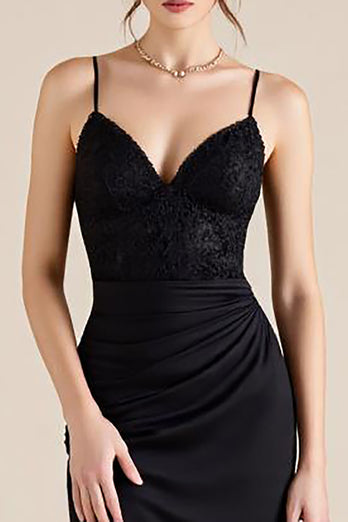 Black Spaghetti Straps Ruched Sheath Formal Dress with Slit
