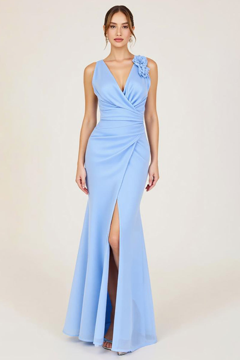 Load image into Gallery viewer, Sky Blue V-Neck Ruched Sheath Formal Dress with Slit