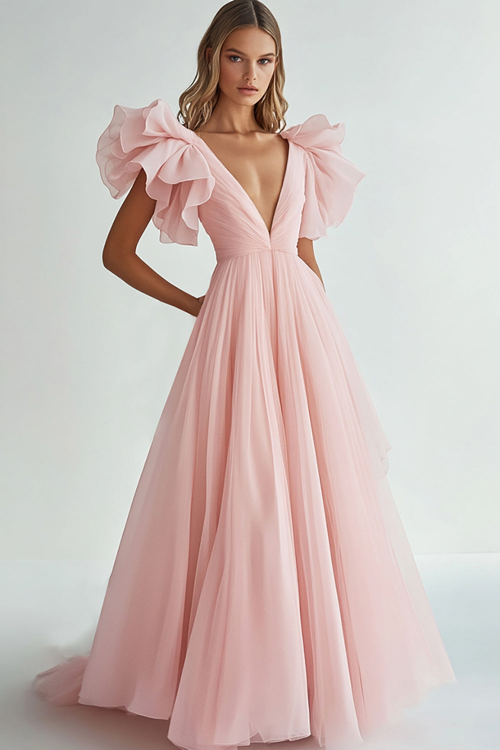 Pink V Neck A line Chiffon Long Formal Dress with Ruffles