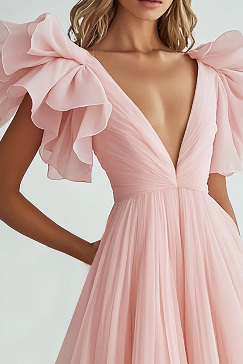 Load image into Gallery viewer, Pink V Neck A line Chiffon Long Formal Dress with Ruffles