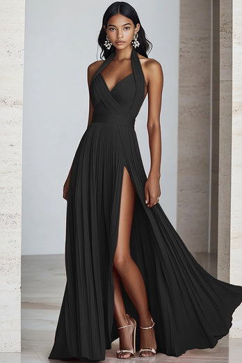 Black Halter Neck Pleated A Line Formal Dress with Slit