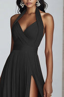 Load image into Gallery viewer, Black Halter Neck Pleated A Line Formal Dress with Slit