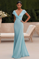 Load image into Gallery viewer, Simple Sky Blue Chiffon V Neck Ruched Sheath Formal Dress