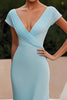 Load image into Gallery viewer, Simple Sky Blue Chiffon V Neck Ruched Sheath Formal Dress