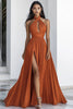 Load image into Gallery viewer, Orange A Line Chiffon Halter Neck Pleated Formal Dress with Slit
