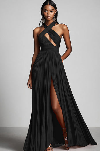 Black A Line Pleated Halter Neck Formal Dress with Slit