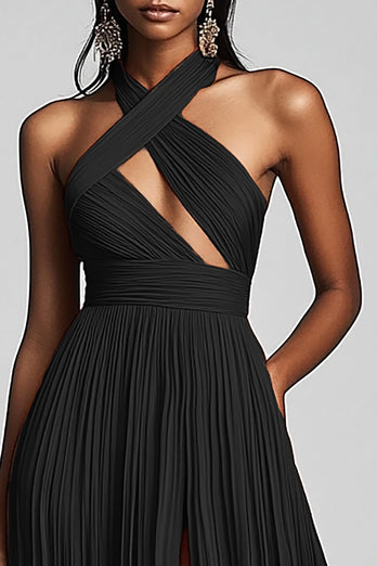 Black A Line Pleated Halter Neck Formal Dress with Slit