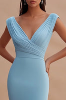 Load image into Gallery viewer, Simple Sky Blue Mermaid V Neck Ruched Long Formal Dress