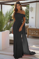 Load image into Gallery viewer, Black Chiffon Sheath Off the Shoulder Long Formal Dress