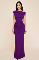 Load image into Gallery viewer, Plum Ruched Satin Sheath Asymmetrical Long Formal Dress