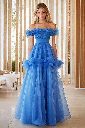 Blue Tulle Long Ball Gown Prom Dress with Ruffles