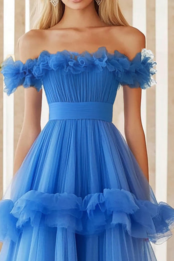 Blue Tulle Long Ball Gown Prom Dress with Ruffles