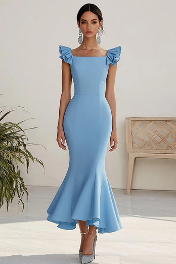 Sky Blue Satin Square Long Sheath Formal Dress with Ruffles