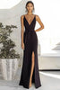 Load image into Gallery viewer, Black Satin V Neck Long Sheath Prom Dress with Slit