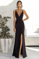 Load image into Gallery viewer, Black Satin V Neck Long Sheath Prom Dress with Slit