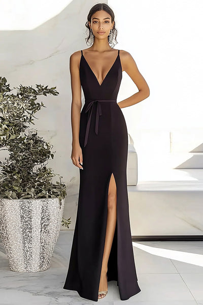 Black Satin V Neck Long Sheath Prom Dress with Slit