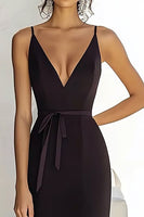 Load image into Gallery viewer, Black Satin V Neck Long Sheath Prom Dress with Slit