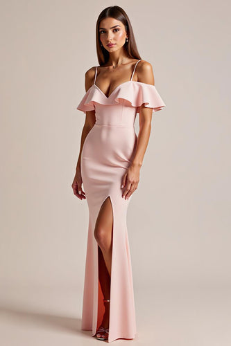 Pink Satin V Neck Long Sheath Prom Dress with Slit