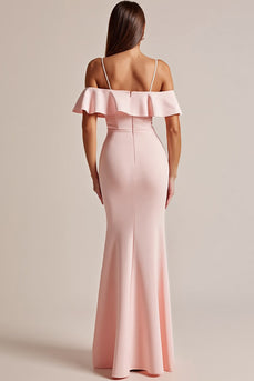 Pink Satin V Neck Long Sheath Prom Dress with Slit