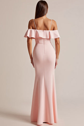 Pink Satin V Neck Long Sheath Prom Dress with Slit
