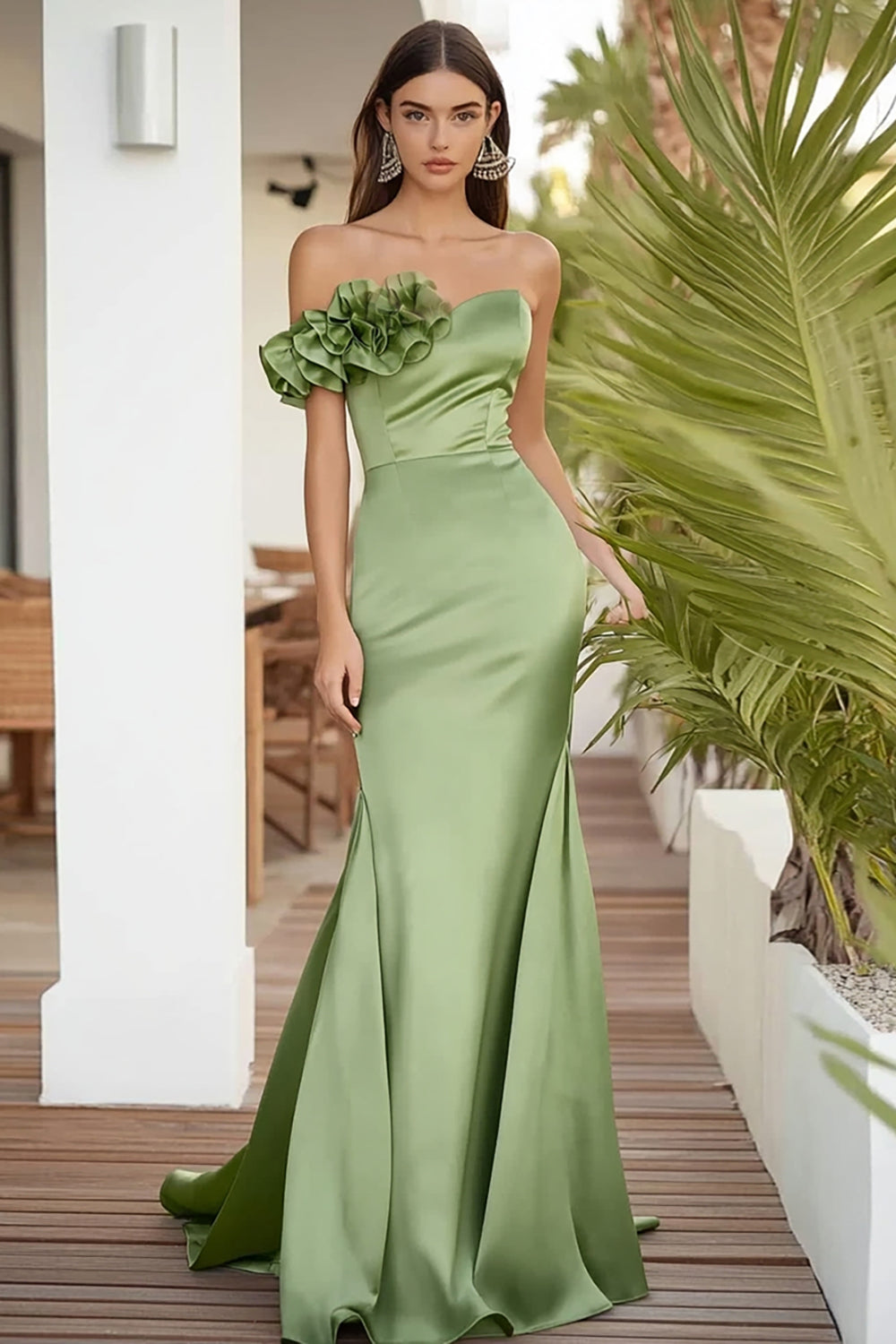 Sage Green One Shoulder Long Mermaid Prom Dress with Ruffles