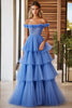 Load image into Gallery viewer, Blue Tulle Off The Shoulder Long Ball Gown Prom Dress with Ruffles