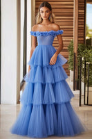 Load image into Gallery viewer, Blue Tulle Off The Shoulder Long Ball Gown Prom Dress with Ruffles