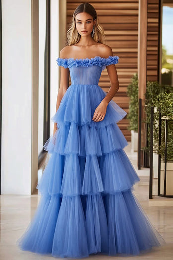 Blue Tulle Off The Shoulder Long Ball Gown Prom Dress with Ruffles