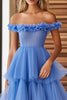 Load image into Gallery viewer, Blue Tulle Off The Shoulder Long Ball Gown Prom Dress with Ruffles